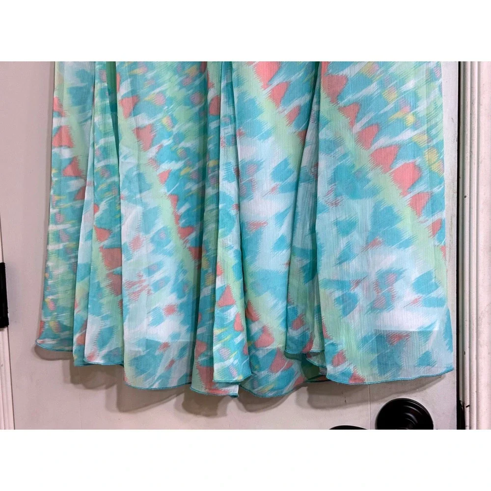 Ruby Rd Petite Turquoise Coral Abstract Ikat Print Midi Skirt PM Elastic Waist